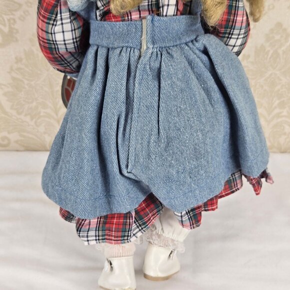 Vintage Delton Porcelain Doll Blue Eyes Blond Ringlets Denim Jumper Plaid Dress - Picture 11 of 16